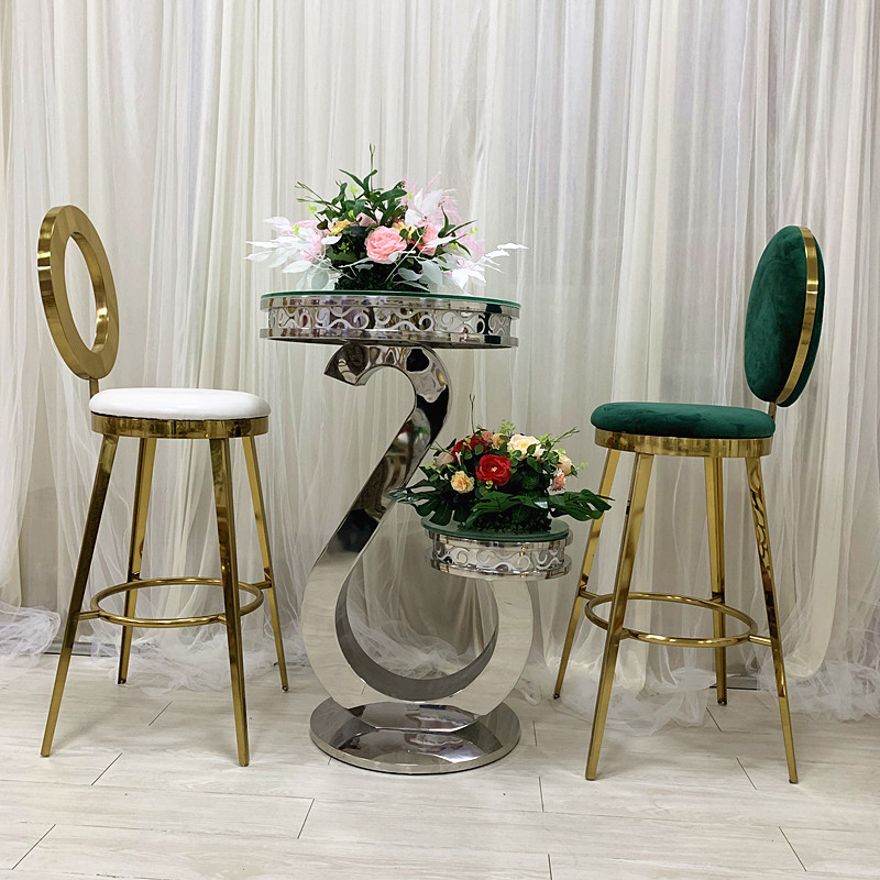 Hot Sale Wedding Party Furniture Customized Color Stainless steel Gold Round Glass Top bar table