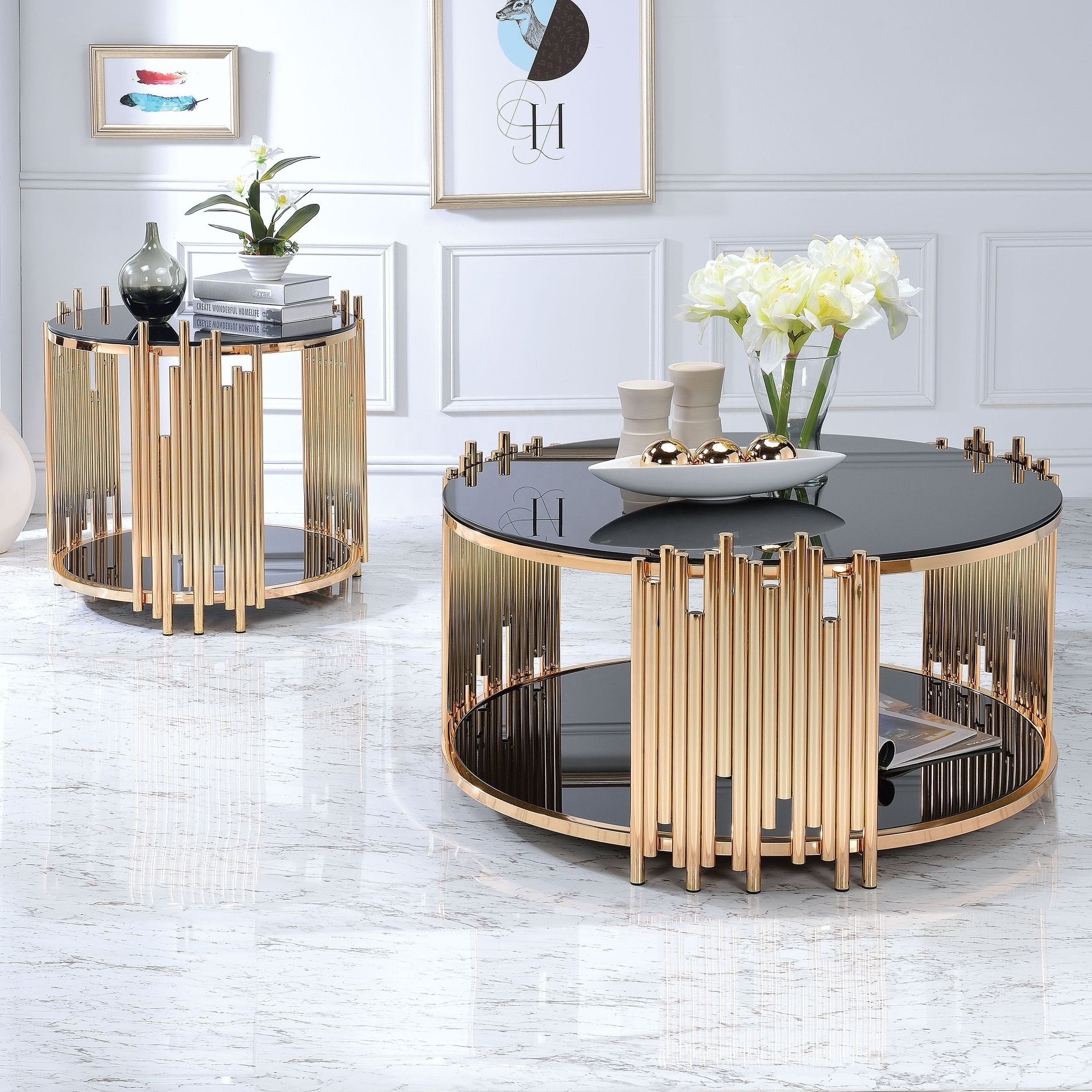 stainless steel frame round marble table Sofa side tea table center table