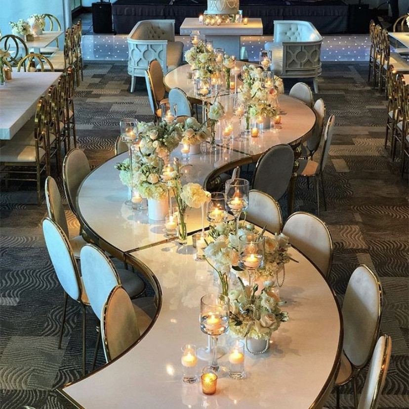 Stainless steel Gold Mirror glass Wedding Serpentine  table