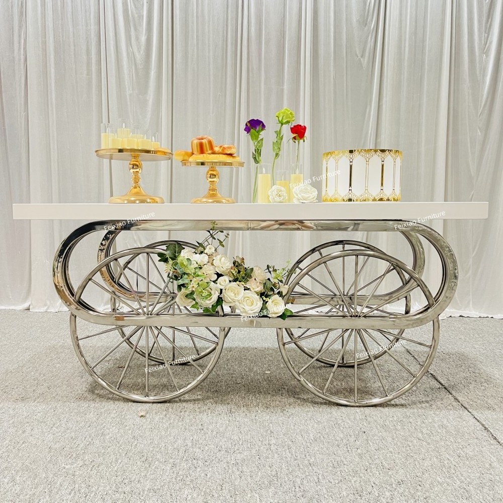 2022 New Design Wedding Party Furniture MDF Top Silver Stainless Steel Center Cake Table with Removable Car Wheels