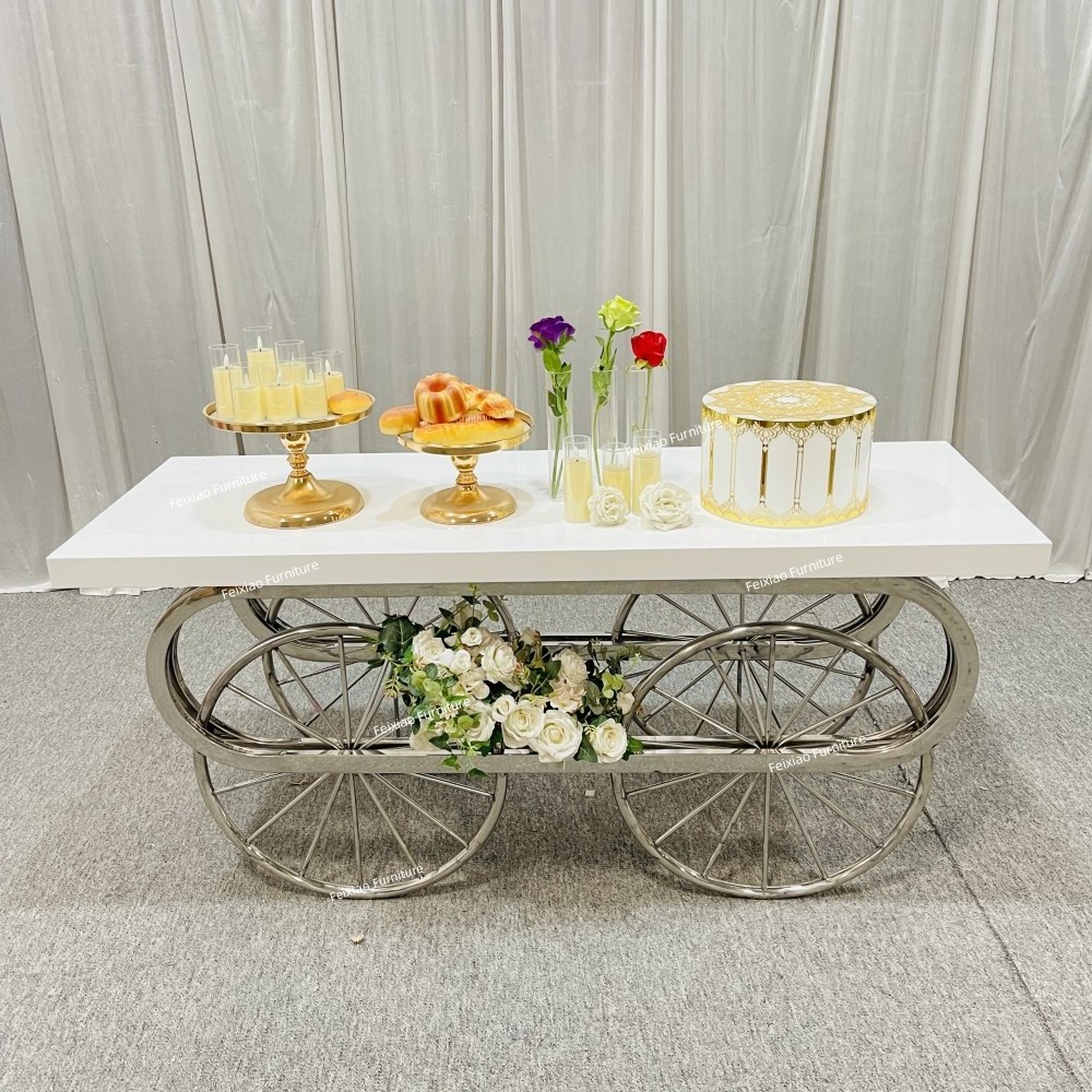 2022 New Design Wedding Party Furniture MDF Top Silver Stainless Steel Center Cake Table with Removable Car Wheels