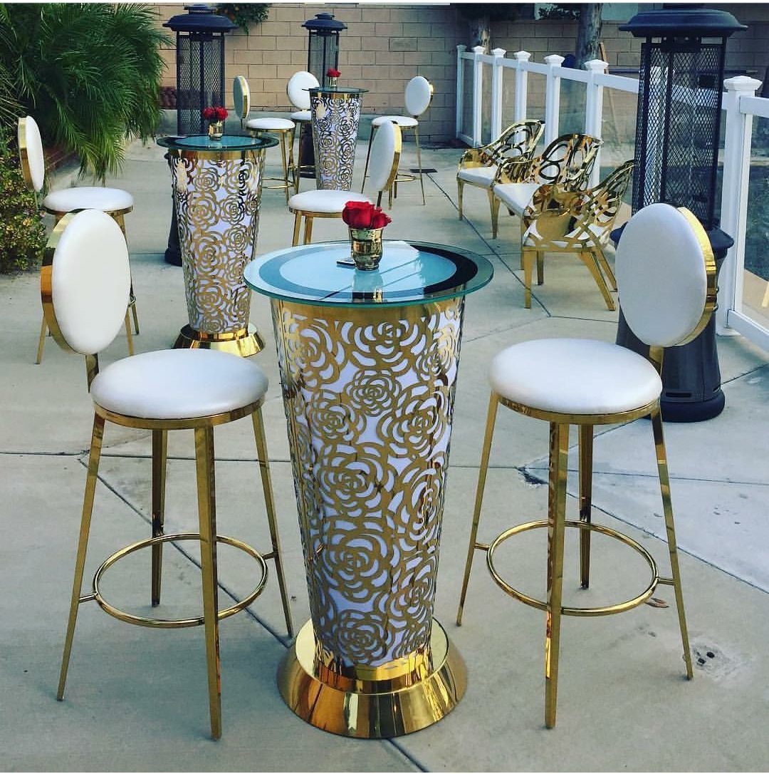 Hot Sale Wedding Party Furniture Customized Color Stainless steel Gold Round Glass Top bar table