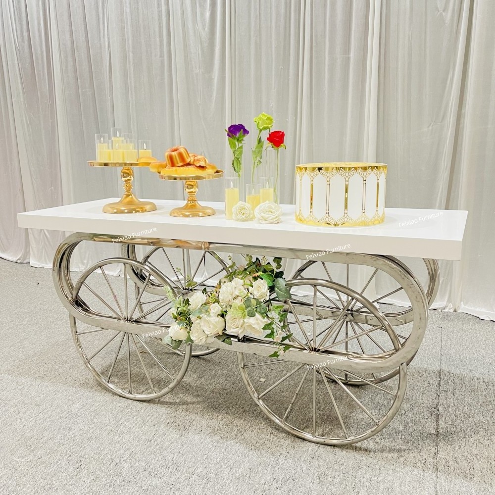 2022 New Design Wedding Party Furniture MDF Top Silver Stainless Steel Center Cake Table with Removable Car Wheels