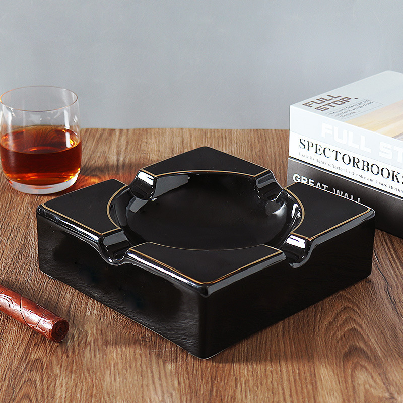 Modern Porcelain Ashtray Black Ceramic Cigar Ashtray Square Shape Ash Tray For Indoor Outdoor Smoking