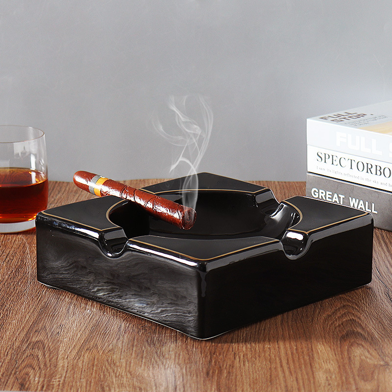 Modern Porcelain Ashtray Black Ceramic Cigar Ashtray Square Shape Ash Tray For Indoor Outdoor Smoking