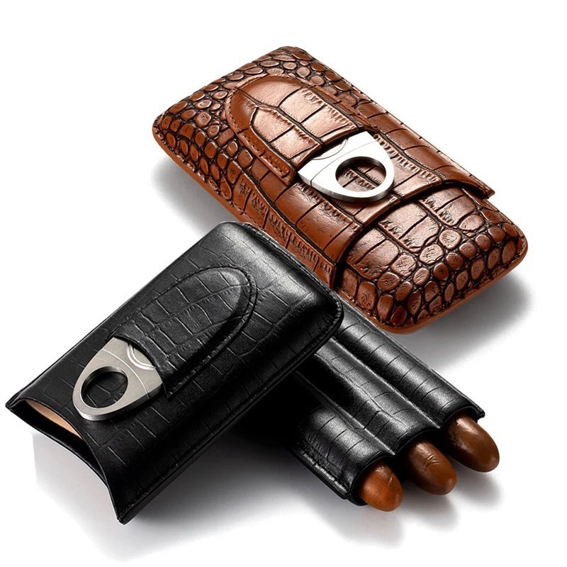 Travel Cigar Leather Humidor Case Portable Crocodile Pattern Cigar Leather Bag With Cigar Cutter