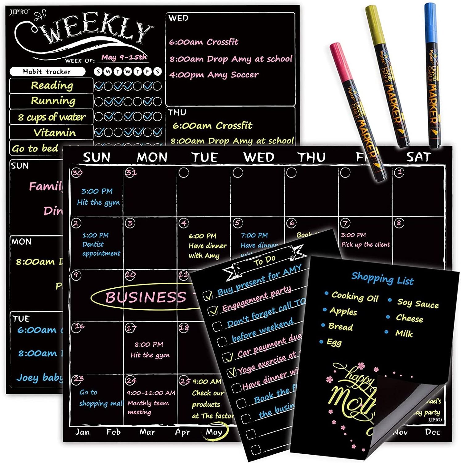 Magnetic Chalkboard Monthly Calendar - Weekly Planner Blackboard  set  - Grocery List and Notepad Blackboard for Refrigerator