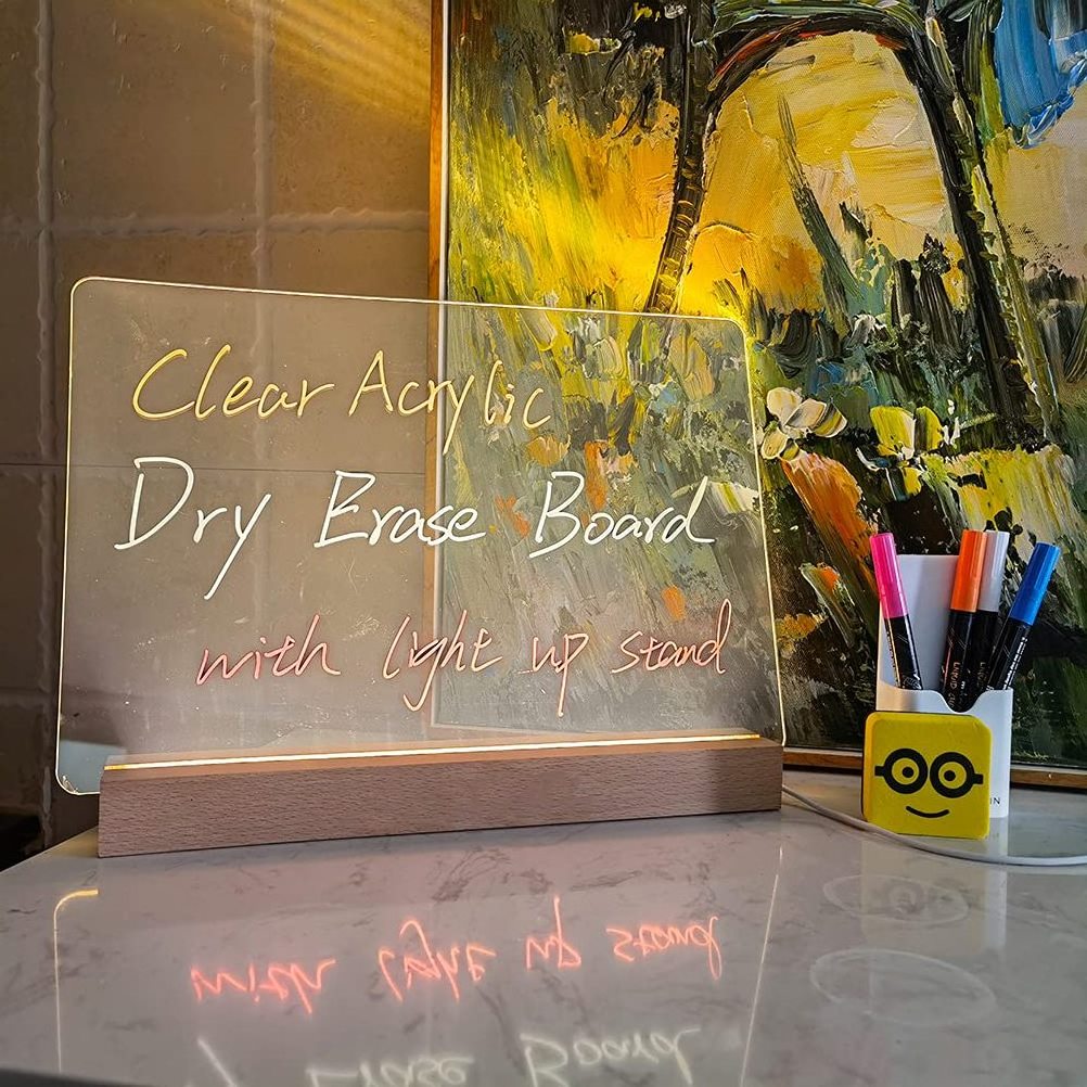 Custom Message Board Clear Desktop Note Memo Acrylic Dry Erase Colorful LED Light Up Board With Stand acrylic display led