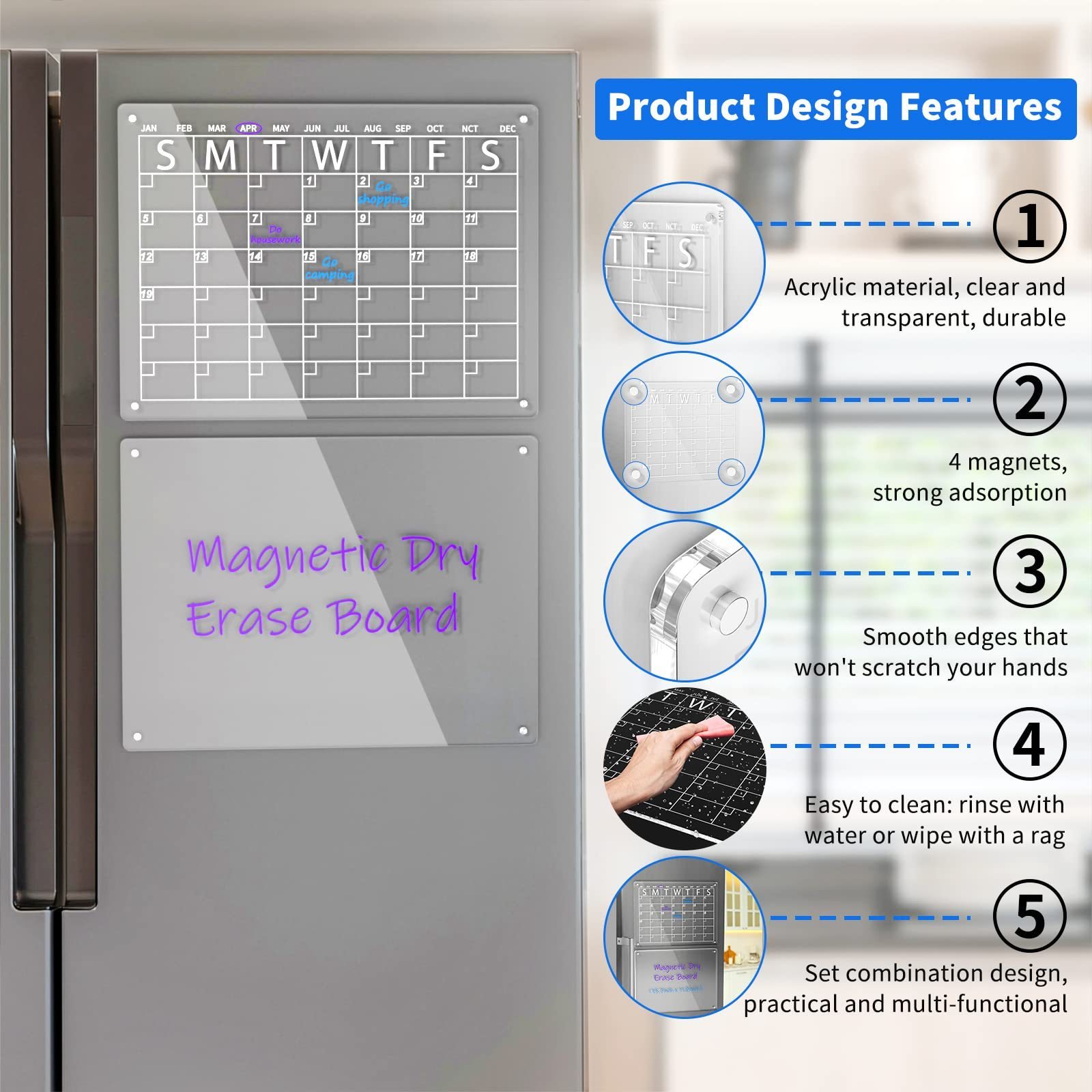 Custom Size Design Acrylic Magnetic Dry Erase Board and Calendar for Fridge, Magnetic Acrylic Calendar w/6 Dry Erase Markers