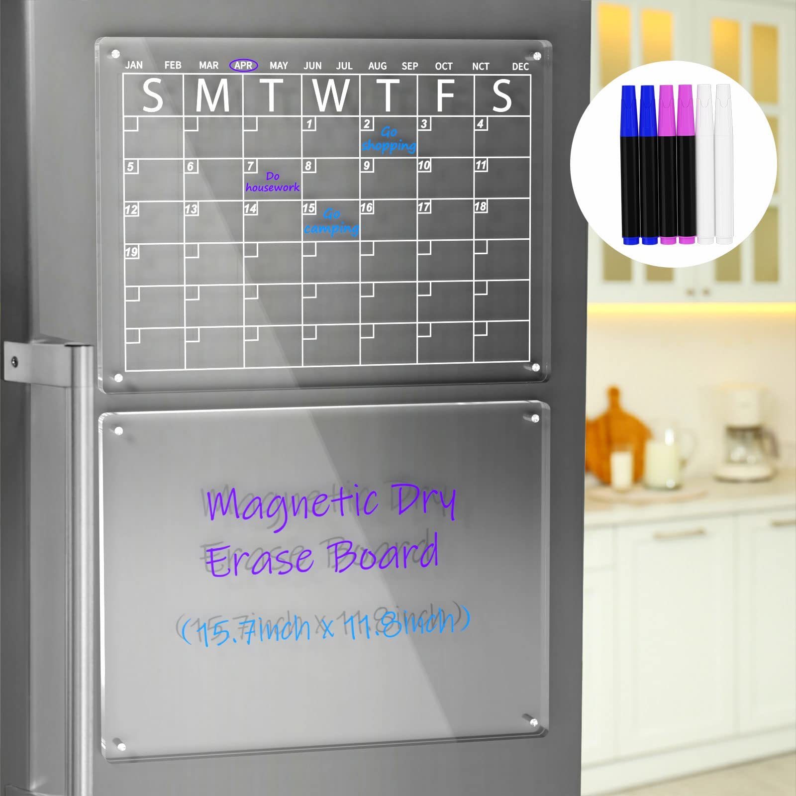 Acrylic Magnetic Fridge Calendar White Board Magnetic Dry Erase Calendar for Refrigerator Wall Home Kitchen,(16