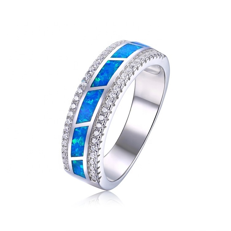 Wholesale ocean blue opal jewelry 925 silver diamond fashion jewelry Mexican opal band ring