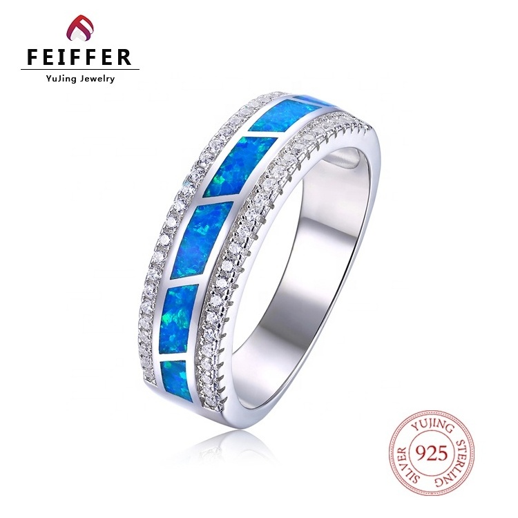 Wholesale ocean blue opal jewelry 925 silver diamond fashion jewelry Mexican opal band ring