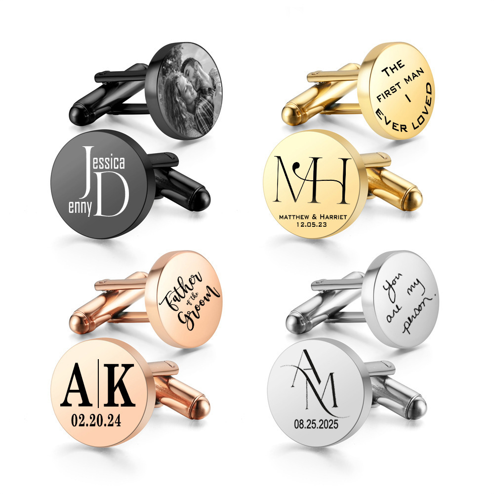 Custom Logo cufflink Gold Plated Stainless Steel Jewelry Luxury Geometric D16mm 18mm 20mm Round Cufflinks for Men