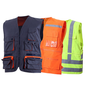 Custom Logomens canvas quilted work vest working vest Outerwear Casual Outdoor Multi Pockets Cargo Waistcoat Travel Fishing Vest