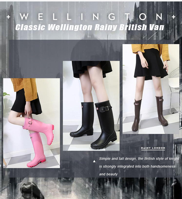 Wholesale Adult Waterproof Middle Heels Gumboots Long Wellington rain boots ladies fashionable rubber wellies for women