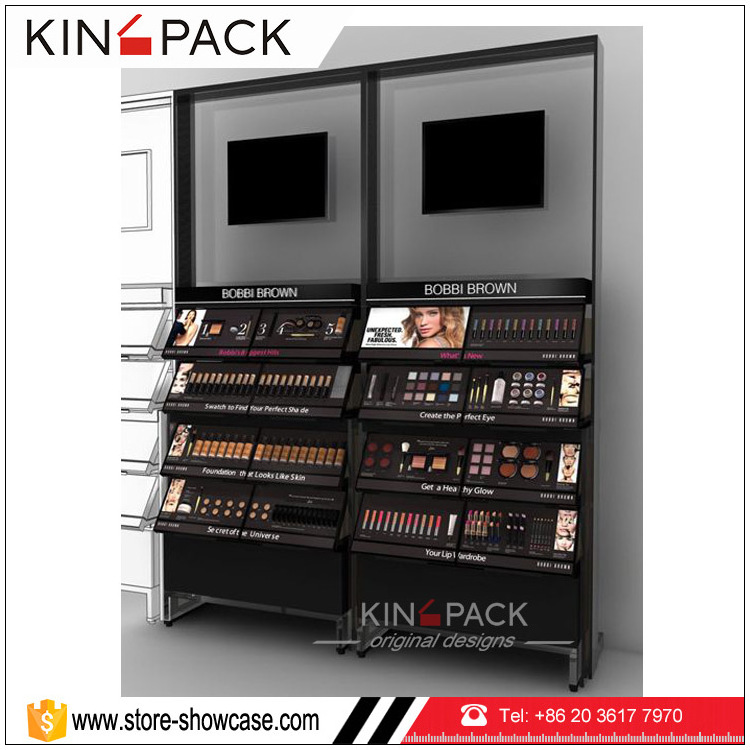 Retail cosmetics store with wooden display cosmetic cabinet