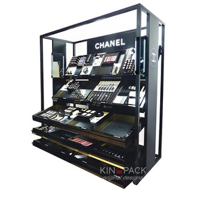 Retail cosmetics store with wooden display cosmetic cabinet