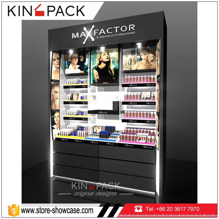 Retail cosmetics store with wooden display cosmetic cabinet