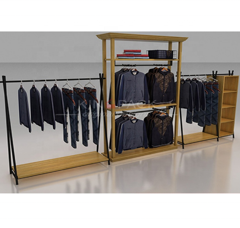 MDF wood with mental custom made mental hanging clothes display rack furniture for retail clothing display racks