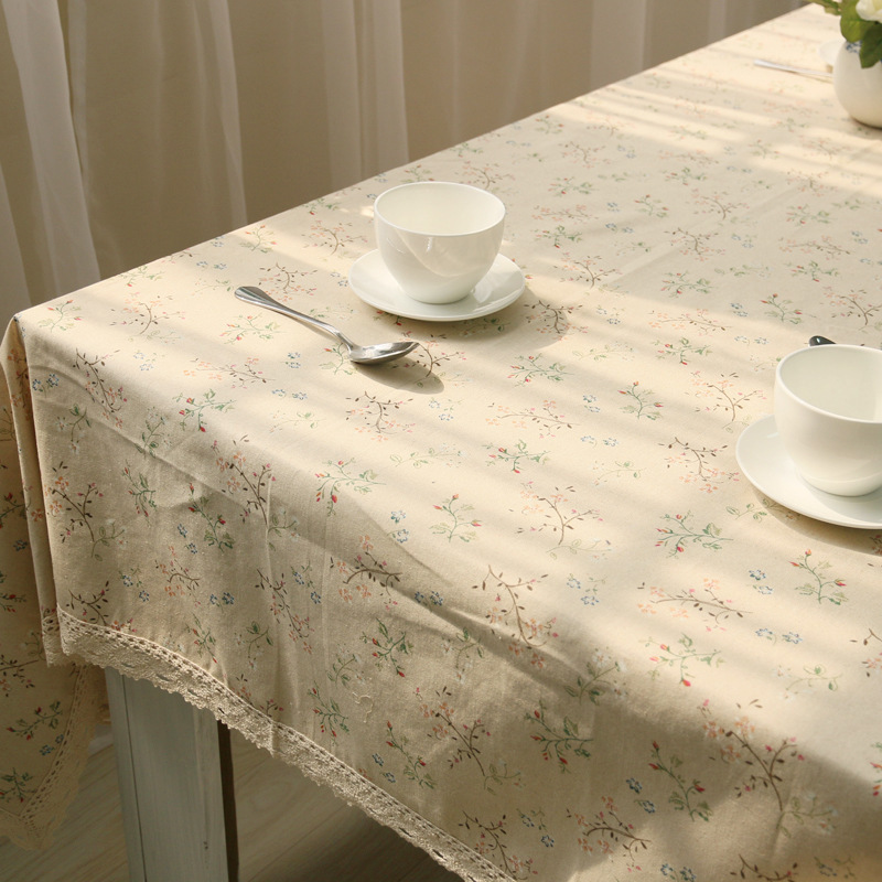 Korean Style Rural Sweet Floral Cotton Linen Tablecloth with Macrame Rectangle Table Decorative Cover Cloth and Placemats