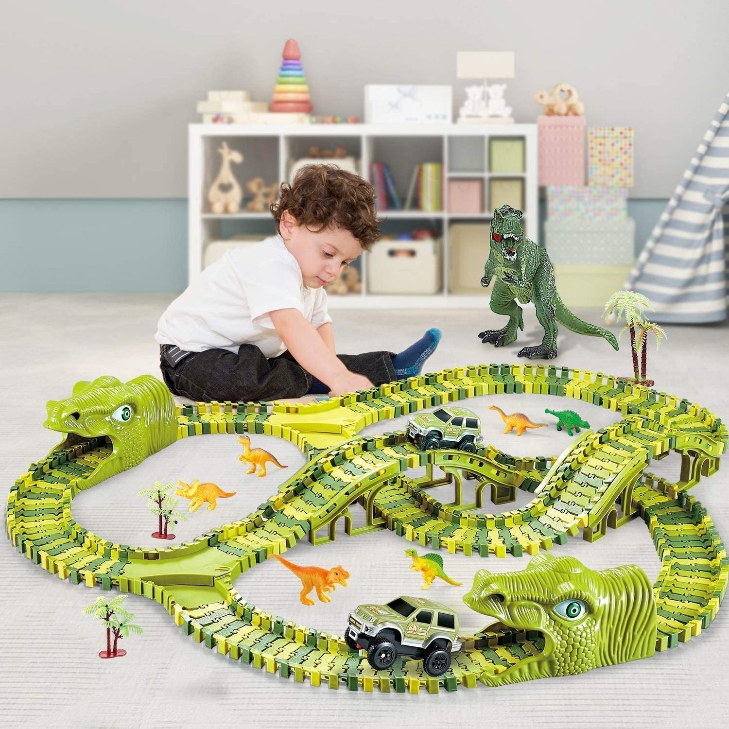 Building Slot Toy Dinosaur Railway Train Track Flexible Toys DIY Electric Rail Track Train Gift Toys for Boy