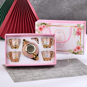 Custom Vintage Gold Plated Porcelain Ceramic 4 Floral Coffee Afternoon Tea Cup Set with 1 Teapot