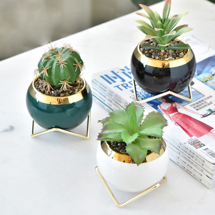 Wholesale Garden Home Decor Craft Succulent Plants Mini Ice Crack Glaze Ceramics Flowerpot Flower Pot witj Metal Stand