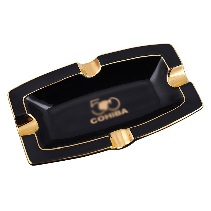 Custom Printed Luxury Stand Gold Plated Black Porcelain Square Ceramic Cigar Cigarette Ash Tray Ashtray