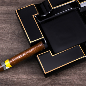 Custom Printed Logo Hotel Luxury Gold Rim Black Glazed Square Ceramic Cigar Cigarette Ash Tray Ashtray