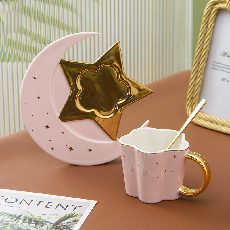 Custom Logo Unique Design 120ml Gold Rim Porcelain Ceramic Coffee Afternoon Tea Cup Set with Moon Star Shape Saucers