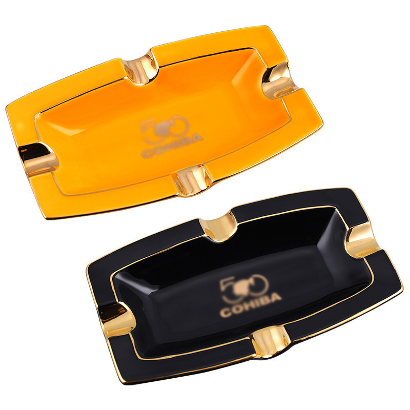 Custom Printed Luxury Stand Gold Plated Black Porcelain Square Ceramic Cigar Cigarette Ash Tray Ashtray