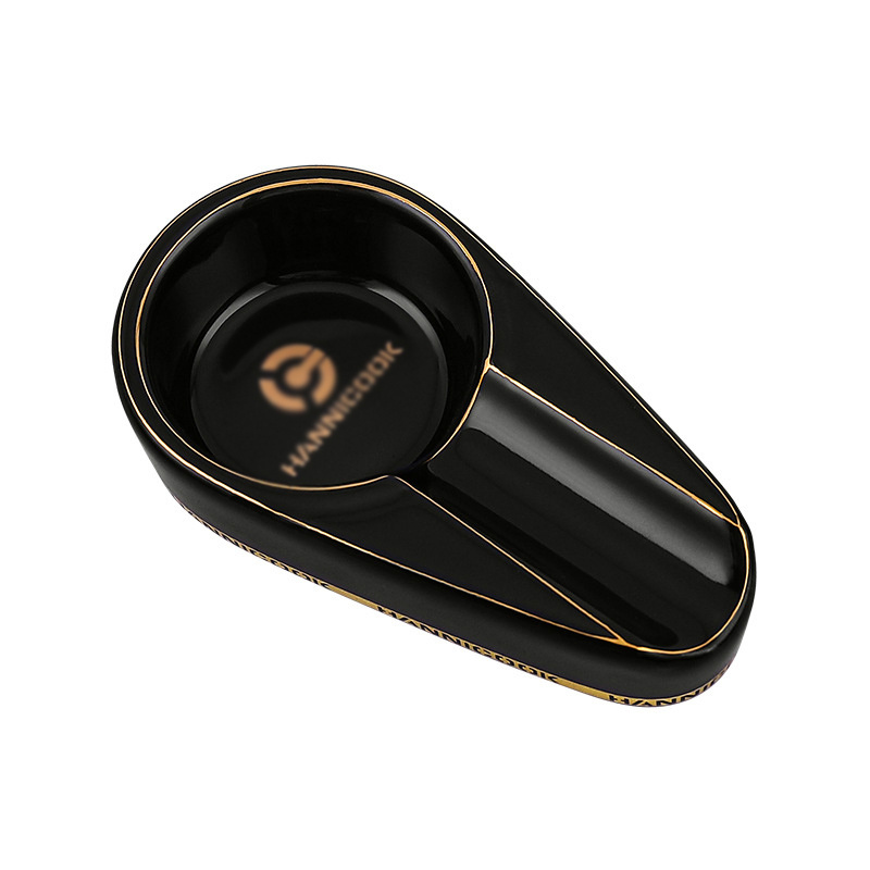 Custom Printed Logo Luxury Portable Gold Rim Black Porcelain Ceramic Single Cigar Ash Tray Ashtray