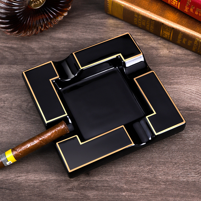 Custom Printed Logo Hotel Luxury Gold Rim Black Glazed Square Ceramic Cigar Cigarette Ash Tray Ashtray