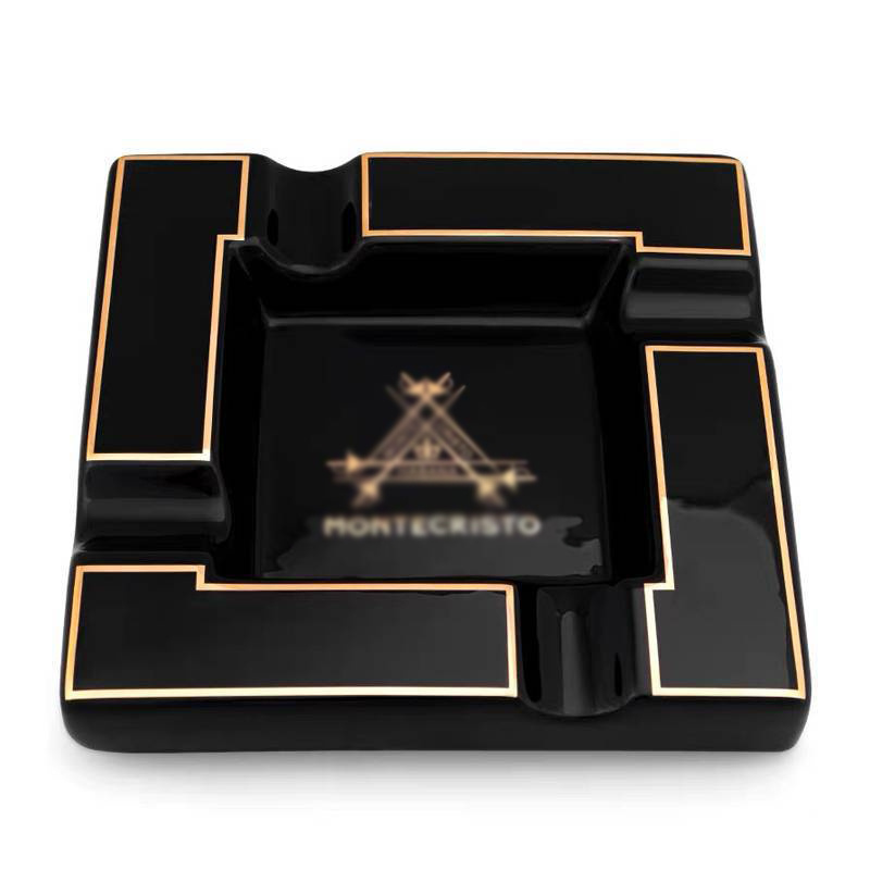 Custom Printed Logo Hotel Luxury Gold Rim Black Glazed Square Ceramic Cigar Cigarette Ash Tray Ashtray