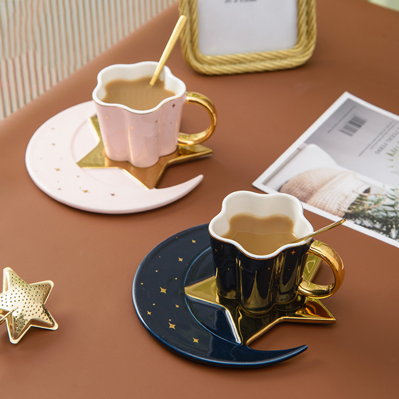 Custom Logo Unique Design 120ml Gold Rim Porcelain Ceramic Coffee Afternoon Tea Cup Set with Moon Star Shape Saucers