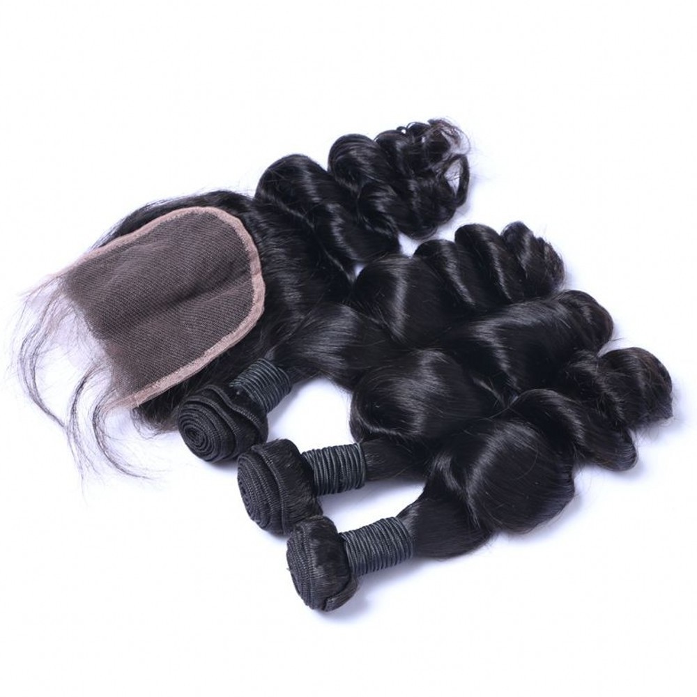 Peruvian Hair with Lace Closure Loose Wave Hair Weaves with Lace Closure 3 Bundles Hair Weft with Closures