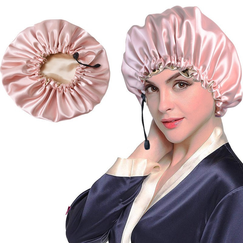 Wholesale Premium Adjustable Hair Cap Double-layer Shower Cap Satin Bonnet Sleep Bonnet Cap