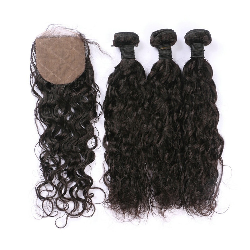 Wet And Wavy Natural Human Hair Bundles With Closure with Baby Hair 4x4 Cheap Peruvian Virgin Hair With Silk Base Closure