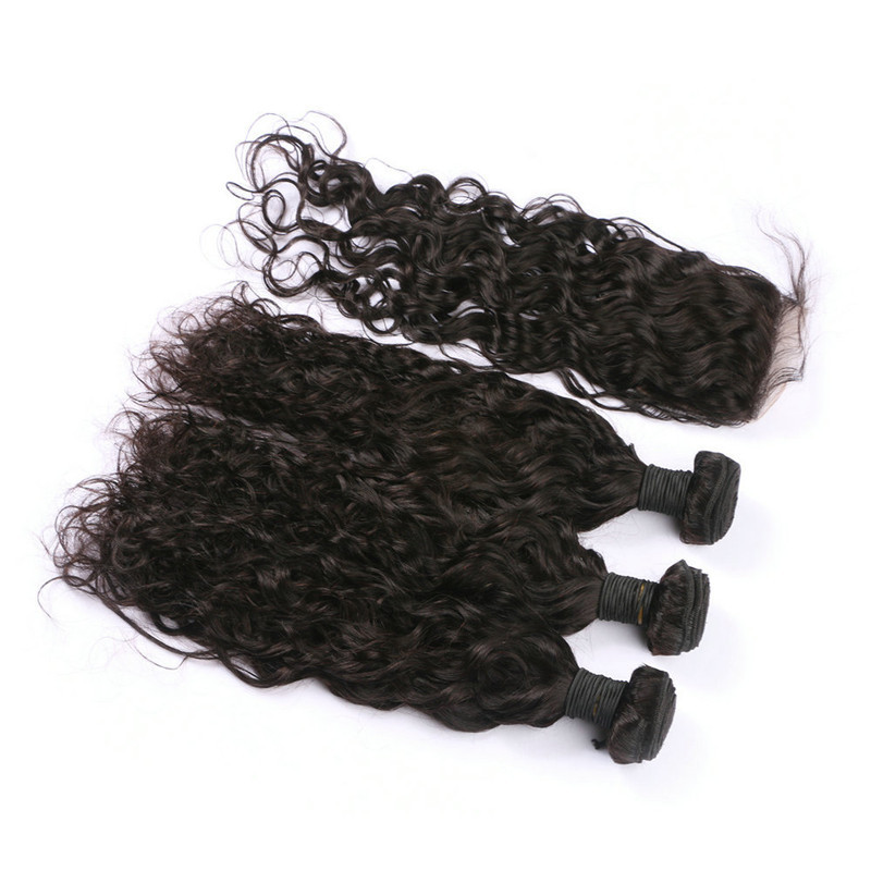 Unprocessed Brazilian Virgin Hair Extensions 3pcs Water Wave Human Hair Bundles With Closure