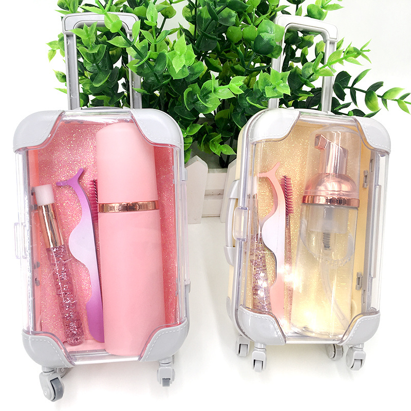 Wholesale Mini Cute Suitcase for 25mm Mink Eyelashes Custom Clear Eyelashes Box Bag Shampoo