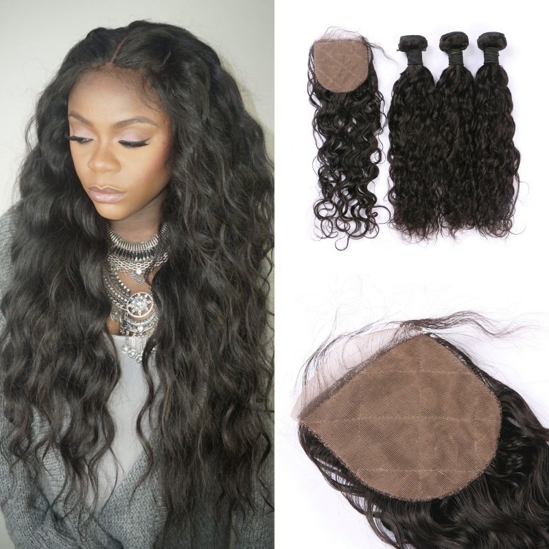 Wet And Wavy Natural Human Hair Bundles With Closure with Baby Hair 4x4 Cheap Peruvian Virgin Hair With Silk Base Closure