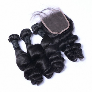 Peruvian Hair with Lace Closure Loose Wave Hair Weaves with Lace Closure 3 Bundles Hair Weft with Closures