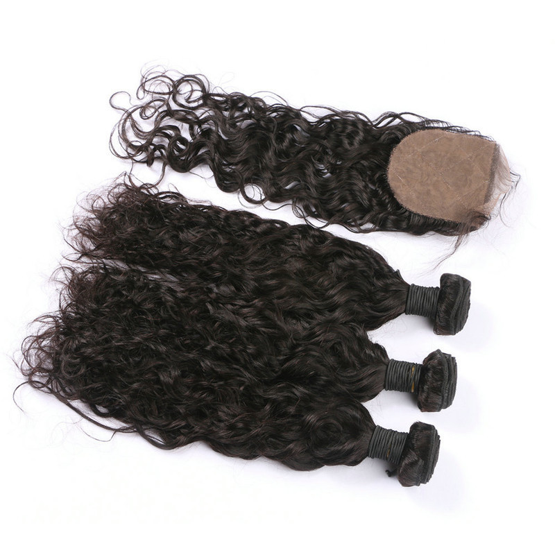 Unprocessed Brazilian Virgin Hair Extensions 3pcs Water Wave Human Hair Bundles With Closure