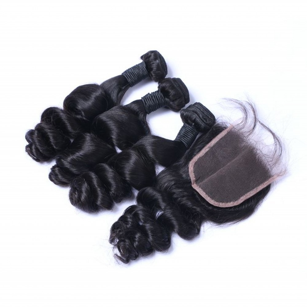 Peruvian Hair with Lace Closure Loose Wave Hair Weaves with Lace Closure 3 Bundles Hair Weft with Closures