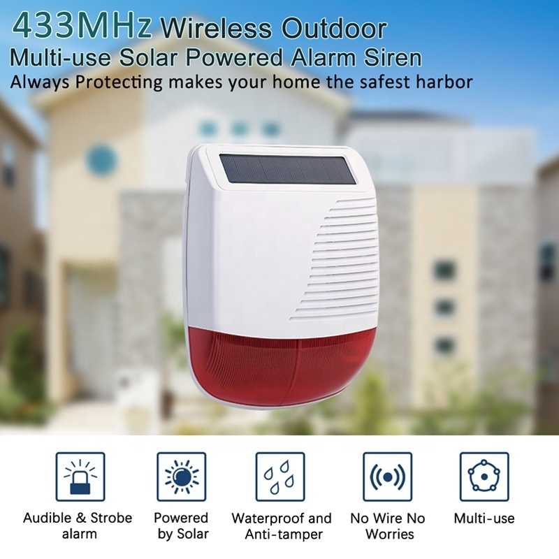 Wireless Strobe Flash Siren 110dB Home Solar Siren Alarm System Outdoor Waterproof Burglar Security 433Mhz Siren Alarm System