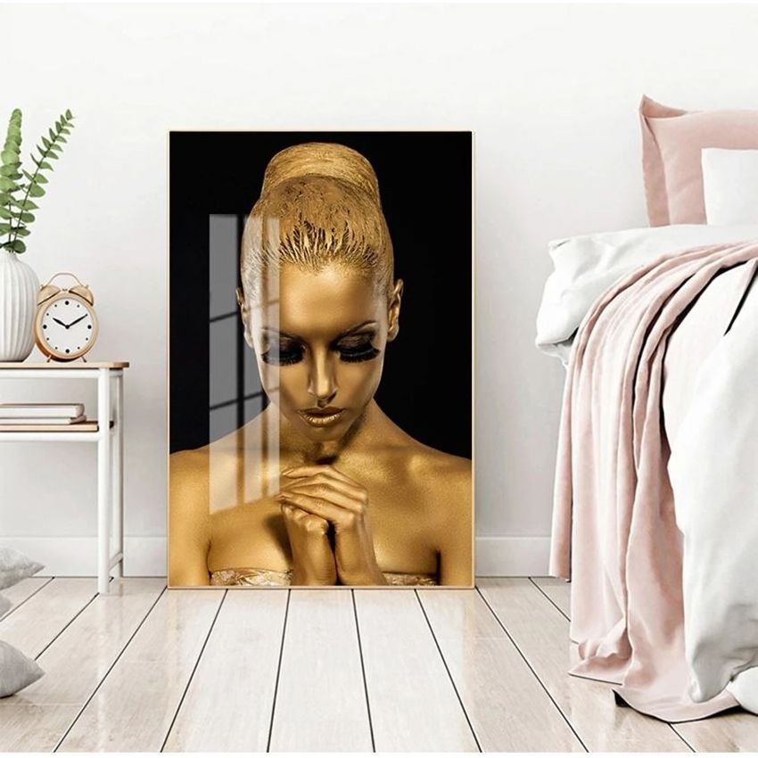 Luxury Wholesale Crystal Porcelain African Black Gold Woman Canvas African American Women Wall Art Figure Portrait Painting