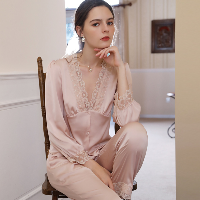 Wholesale Long Sleeve Women Loungewear Sets Silk Lace Pajamas Set