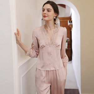 Wholesale Long Sleeve Women Loungewear Sets Silk Lace Pajamas Set