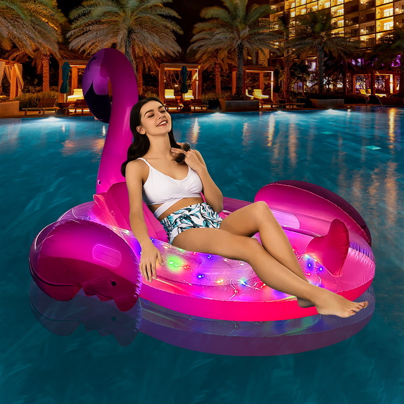 Large Beach Pool Floats with Fast Valves,Inflatable Flamingo Pool Float with Lights, Solar Powered Flamingo Pool Float