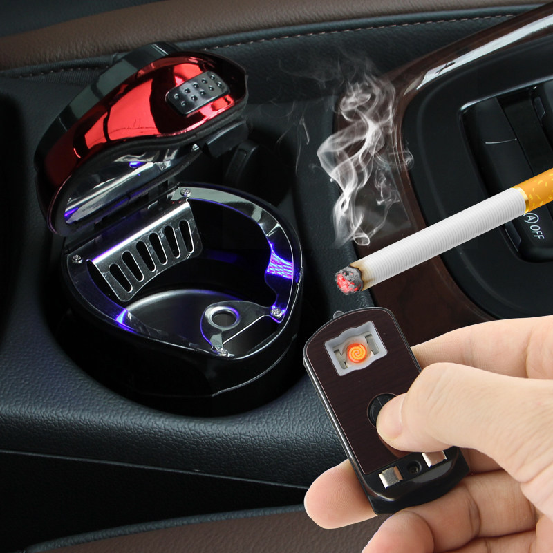 Auto Ashtray Cigar Electronic Cigarette Lighter USB Rechargeable with Lid Blue LED Light